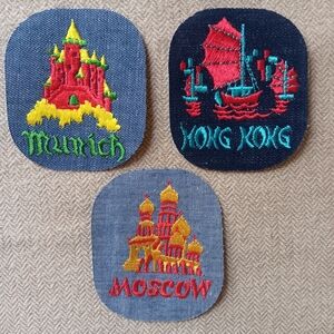 1970s Travel Jacket Patch Set Of 3 Munich, Hong Kong, Moscow, Vintage 70s Denim